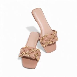 Nude Gold Chain Quilted Braided Slip On Sandals